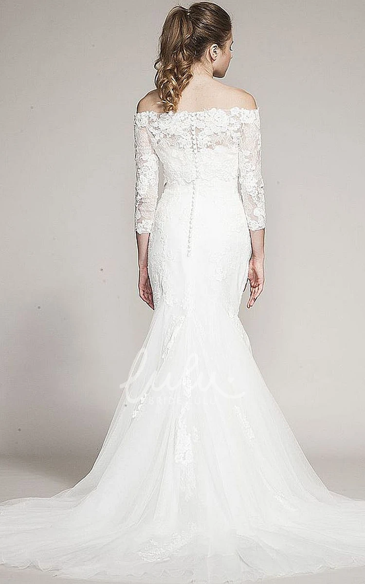 Off-Shoulder Lace Mermaid Wedding Dress with Long Sleeves and Court Train