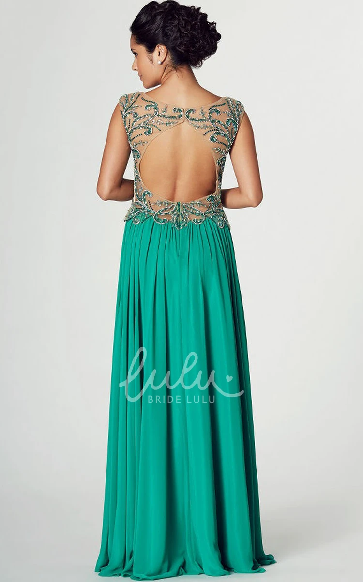 Beaded Chiffon A-Line Prom Dress with Cap Sleeves and Keyhole Back