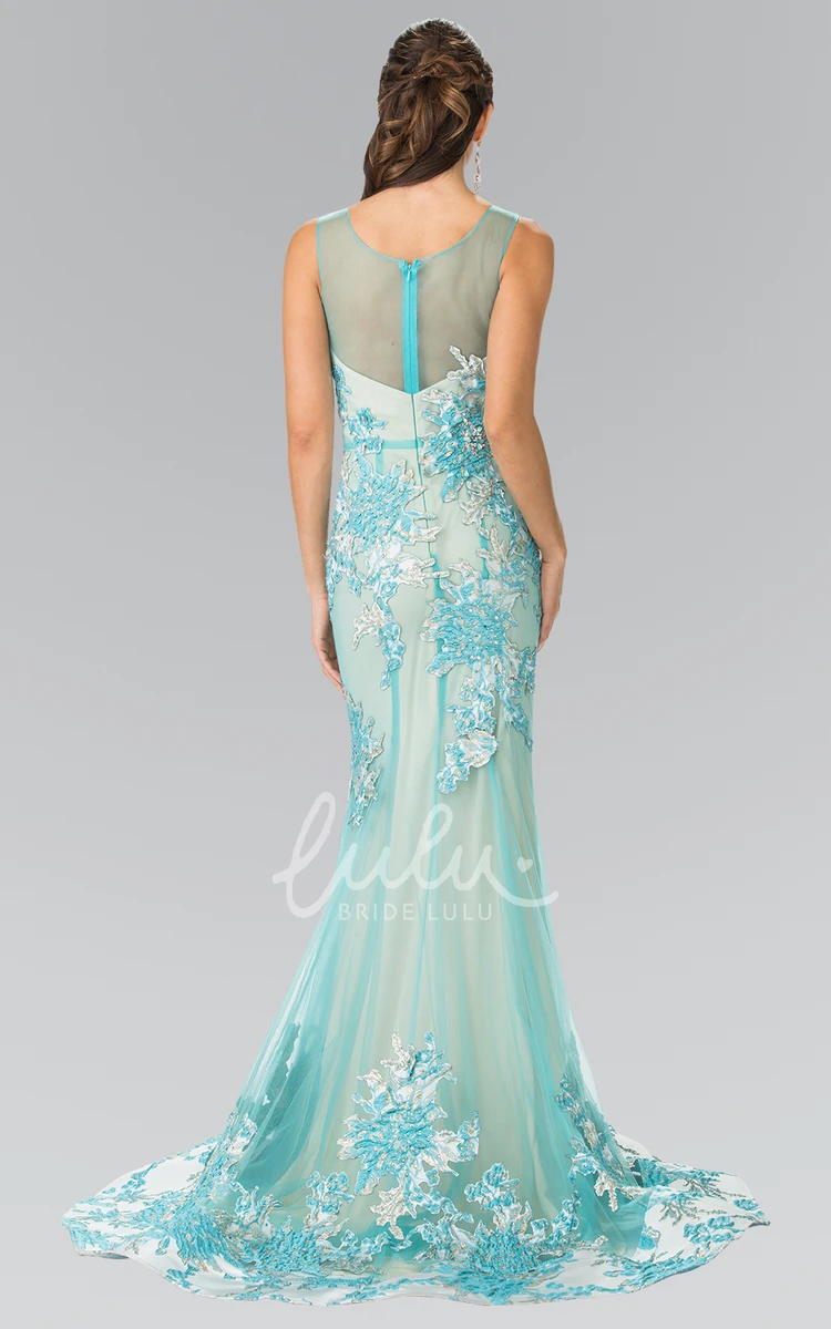 Trumpet Tulle Illusion Dress with Appliques and Scoop Neck Modern Formal Dress