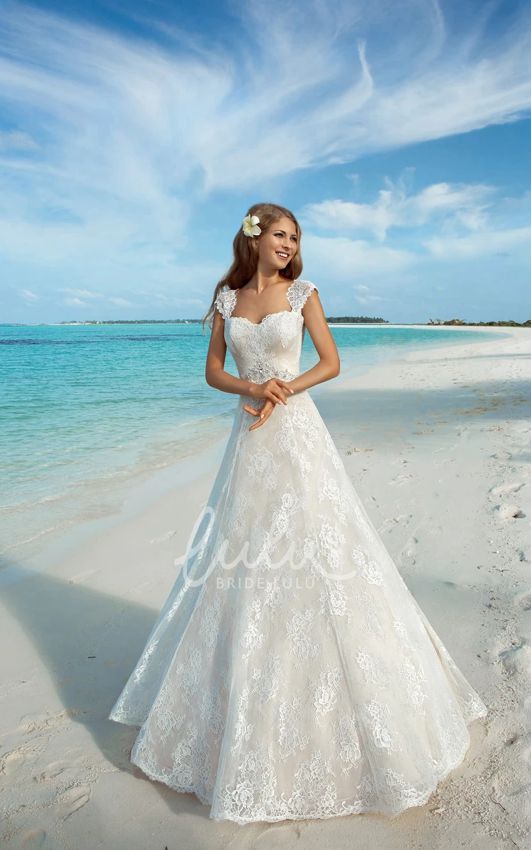 Lace-Up A-Line Wedding Dress with Cap Sleeves Square Neckline Beading and Keyhole Detailing