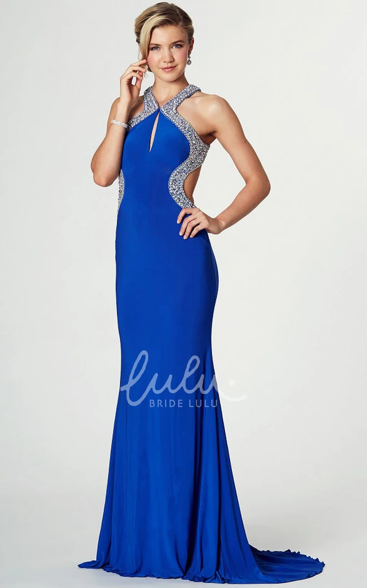 Strapped Beaded Brush Train Prom Dress Sleeveless Jersey Formal Dress