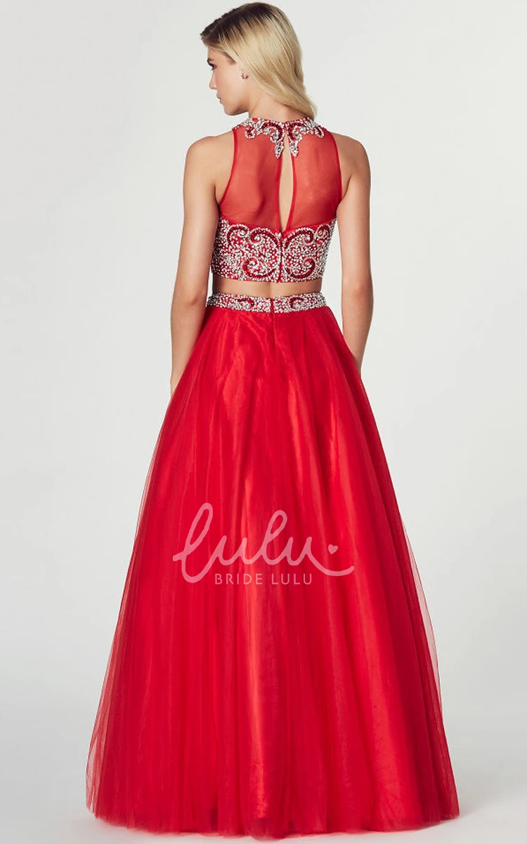 High Neck Sleeveless Beaded Tulle Prom Dress with Illusion Back A-Line