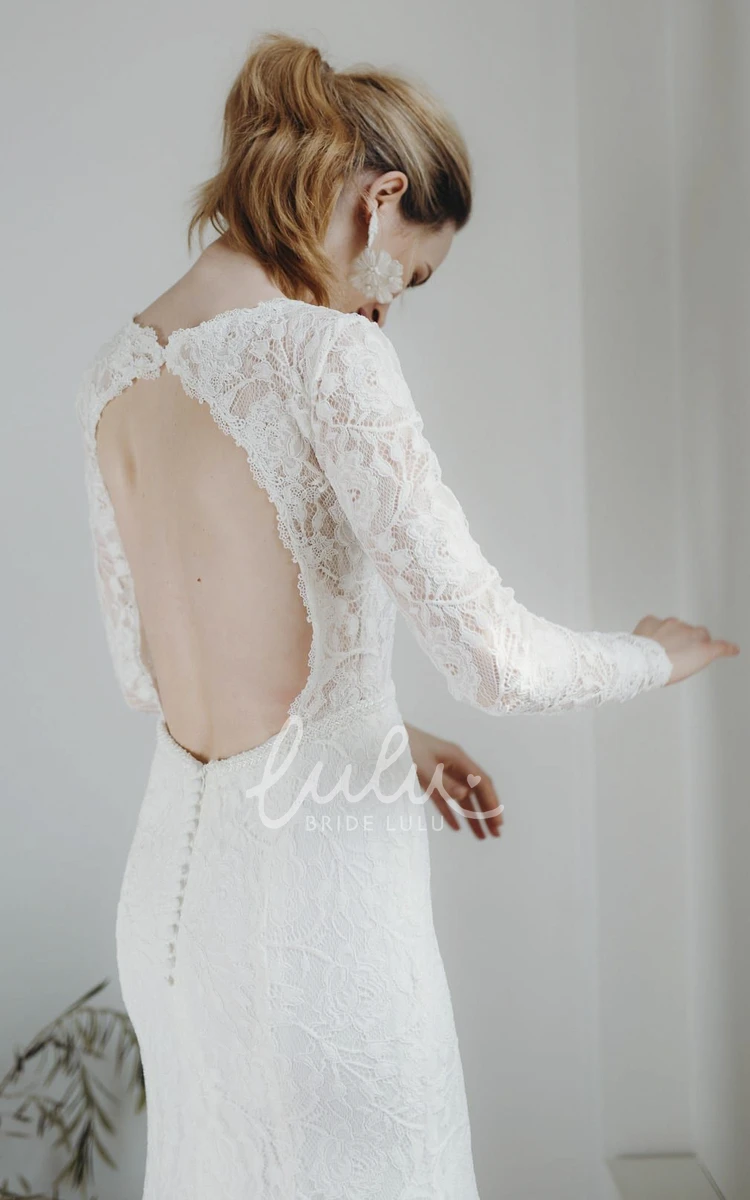 Sexy Sheath Lace Wedding Dress with Plunging V-neck Long Sleeves and Keyhole Back