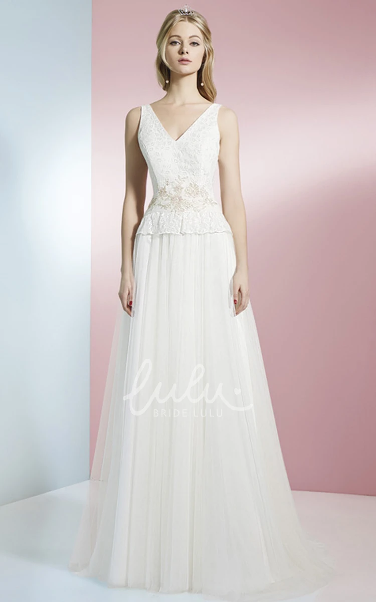 V-Neck Tulle Wedding Dress with Brush Train and Bows Floor-Length Appliqued