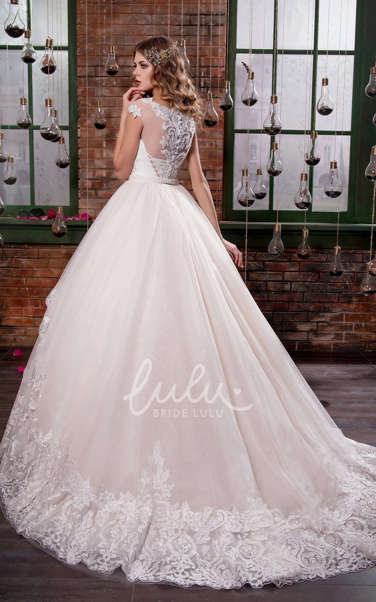 Ball Gown Illusion Tulle Dress With Appliques and Draping for Brides