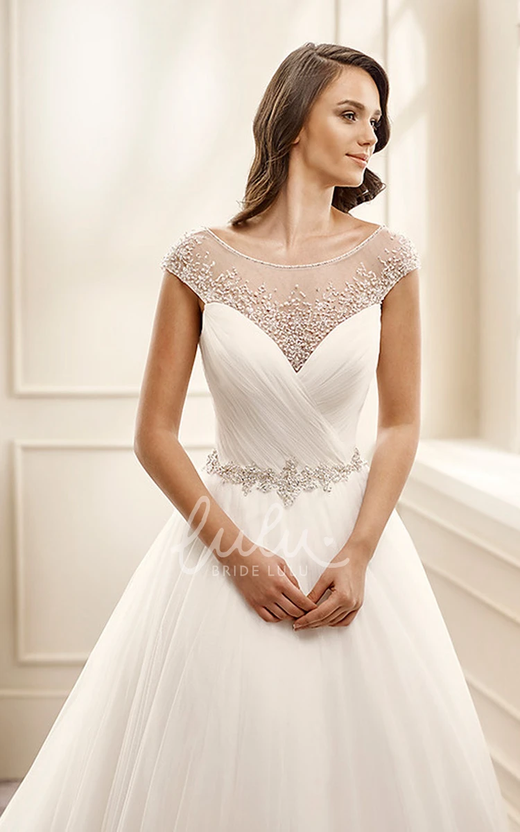 Tulle Beaded Wedding Dress with Cap-Sleeves A-Line Floor-Length Scoop-Neck