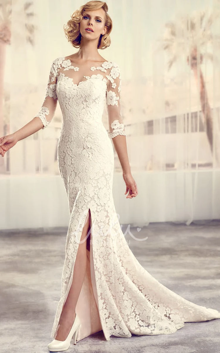 Split-Front Long-Sleeve Lace Wedding Dress Floor-Length Scoop Style