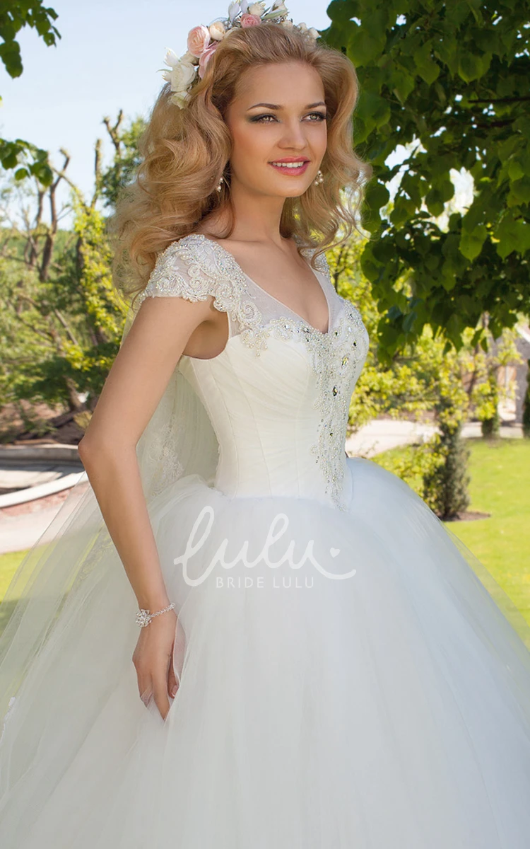 V-Neck Ruched Tulle Wedding Dress with Cap Sleeves Ball Gown Cap Sleeve Ruched Tulle V-Neck Wedding Dress