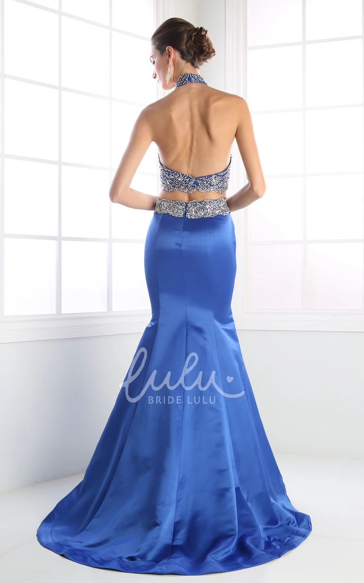 Two-Piece Sleeveless Trumpet Satin Formal Dress with High Neck and Beading