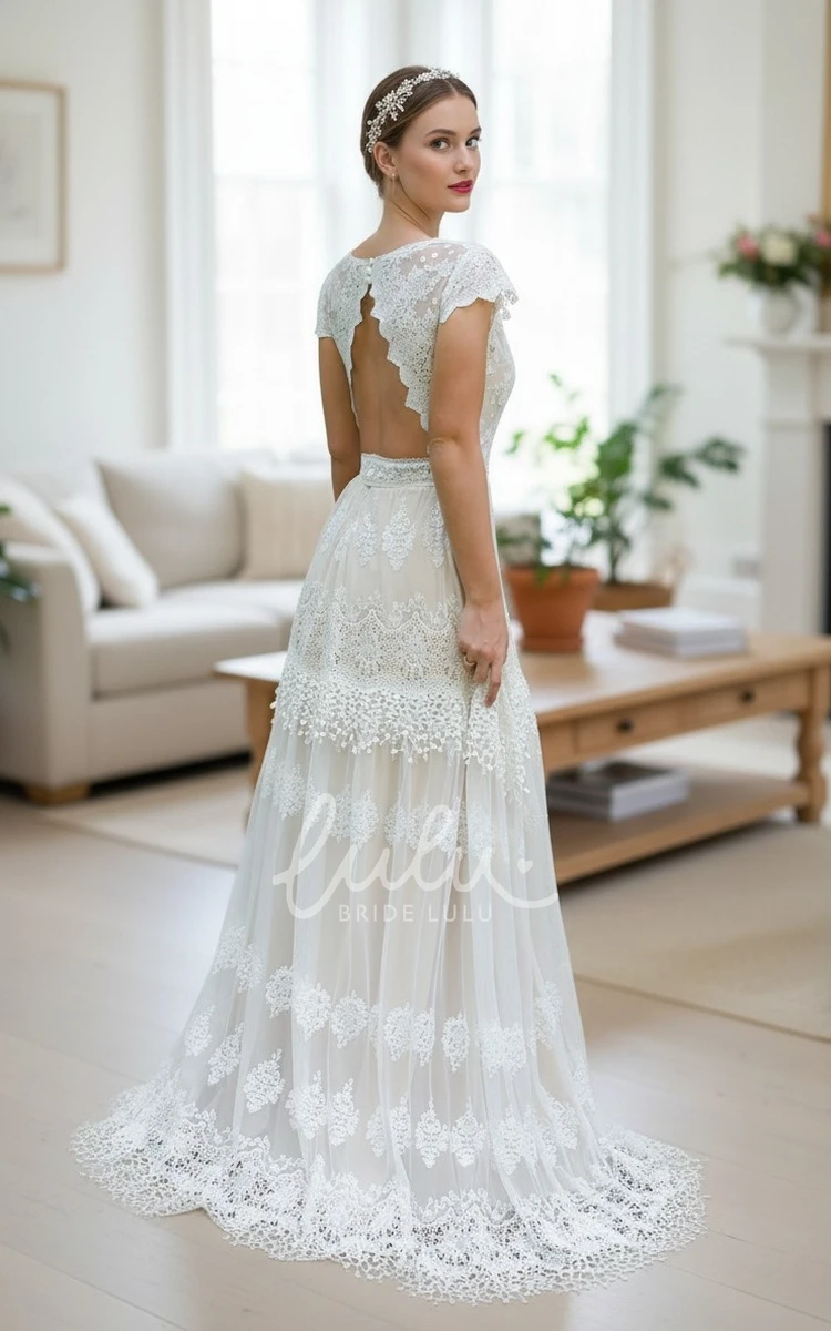 Vintage Bohemian Lace Beach Cap Sleeves Wedding Dress Romantic Country A-Line Open Back Deep V Neck Bridal Gown