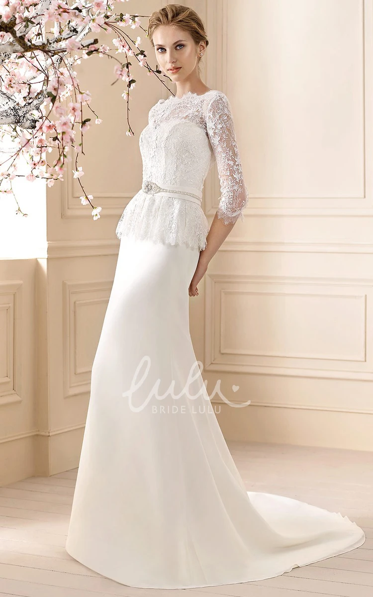 Jewel-Neck 3-4-Sleeve Lace Sheath Wedding Dress with Waist Jewelry