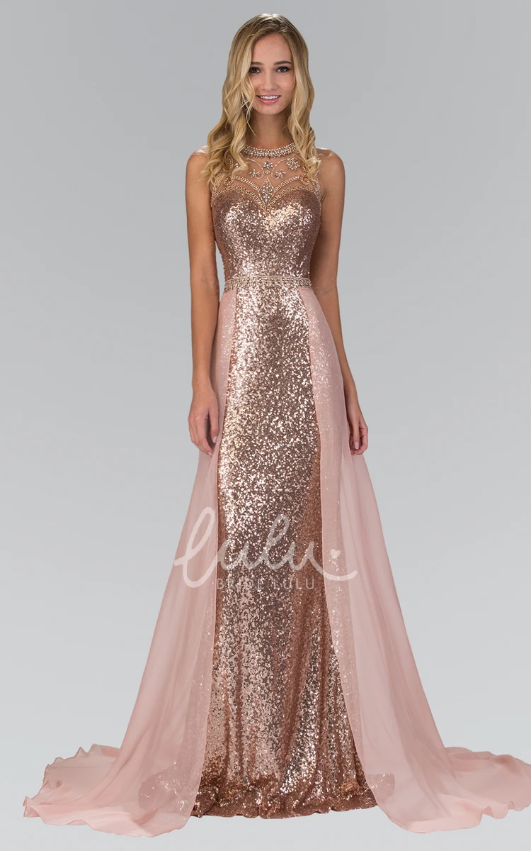 Sequin Sleeveless Sheath Formal Dress with Jewel-Neck and Watteau Train