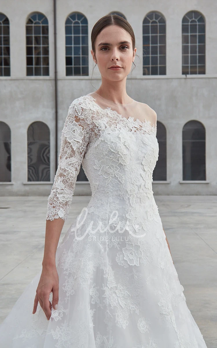 A Line Lace Wedding Dress with Jewel Neck and Button Back Romantic Wedding Dress