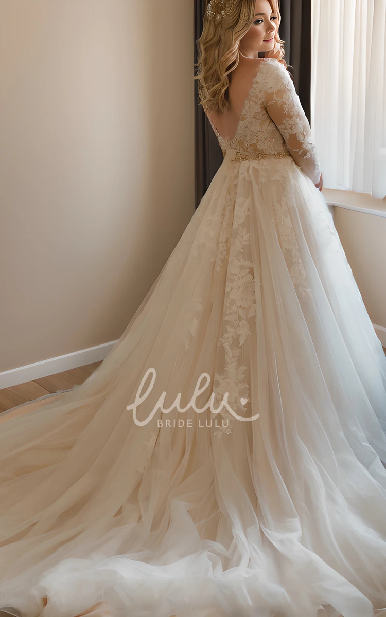 Elegant Tulle V-Neck Long Sleeve Wedding Dress with Appliques & Floor-Length