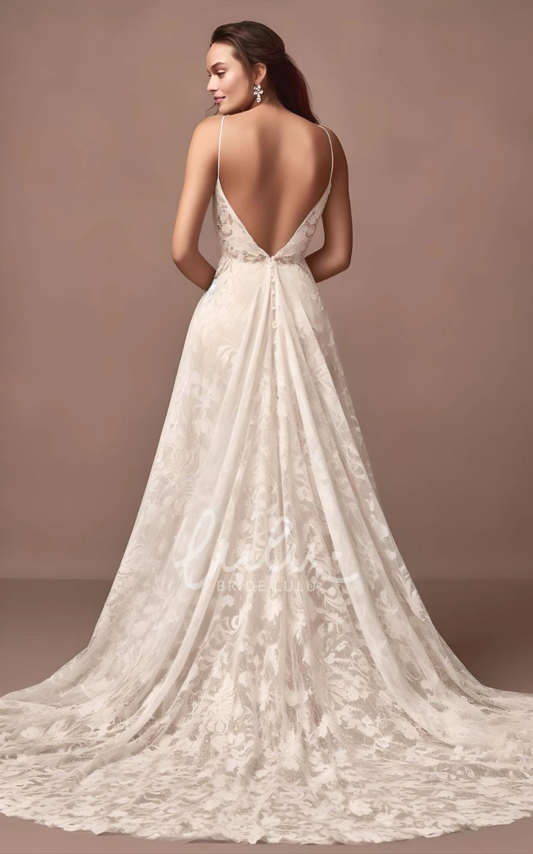Tulle Lace Wedding Dress Split Front Plunging Neckline Court Train Sexy Elegant