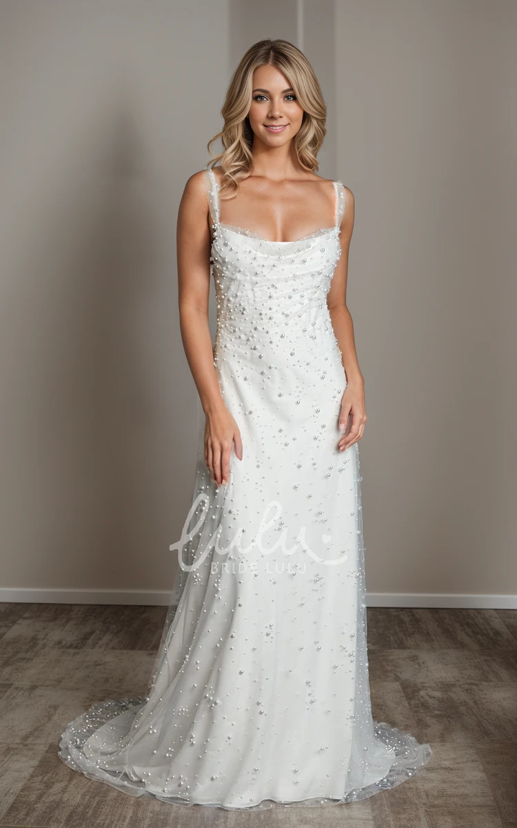 Romantic Sexy Sleeveless Backless Pearl Wedding Dress Elegant Unique Beach Straps Floor Length Sweep Train Bridal Gown