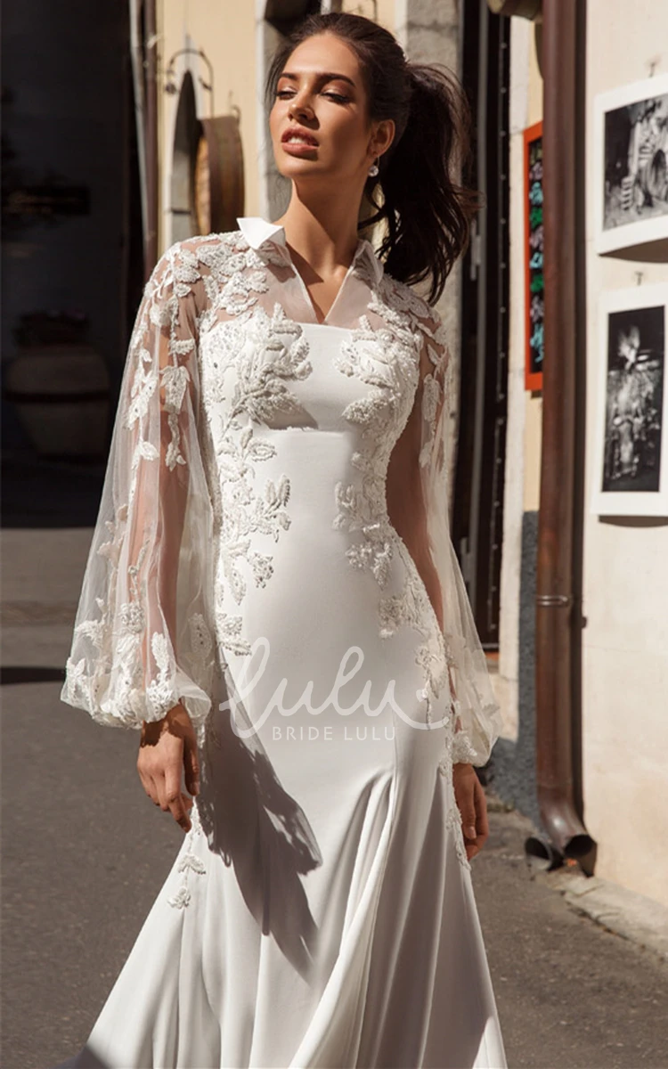 Mermaid Satin Tulle Notched Applique Wedding Dress Modern and Elegant