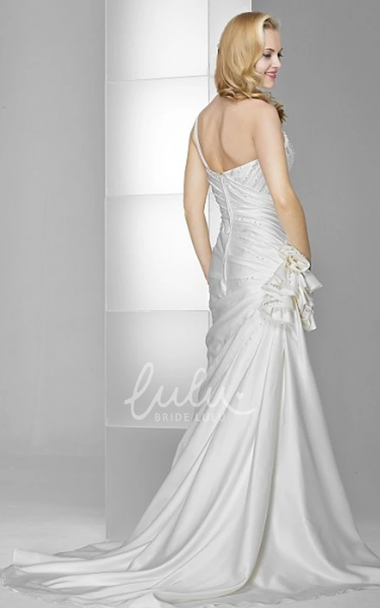 One-Shoulder Satin Wedding Dress with Beading and Flower Sheath