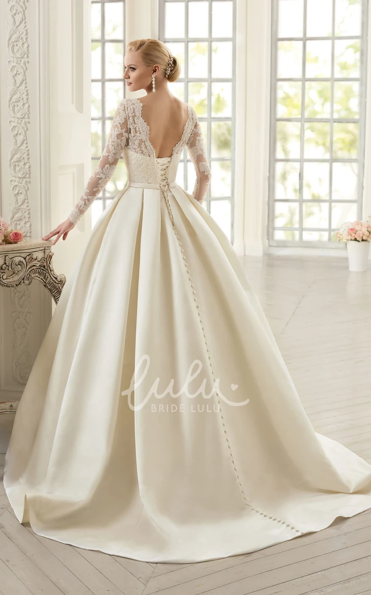 Jewel Neckline Satin Ball Gown with Appliques and Long Sleeves