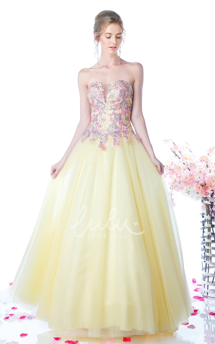 Tulle Satin Strapless Ball Gown Formal Dress with Appliques and Beading in Low-V Back