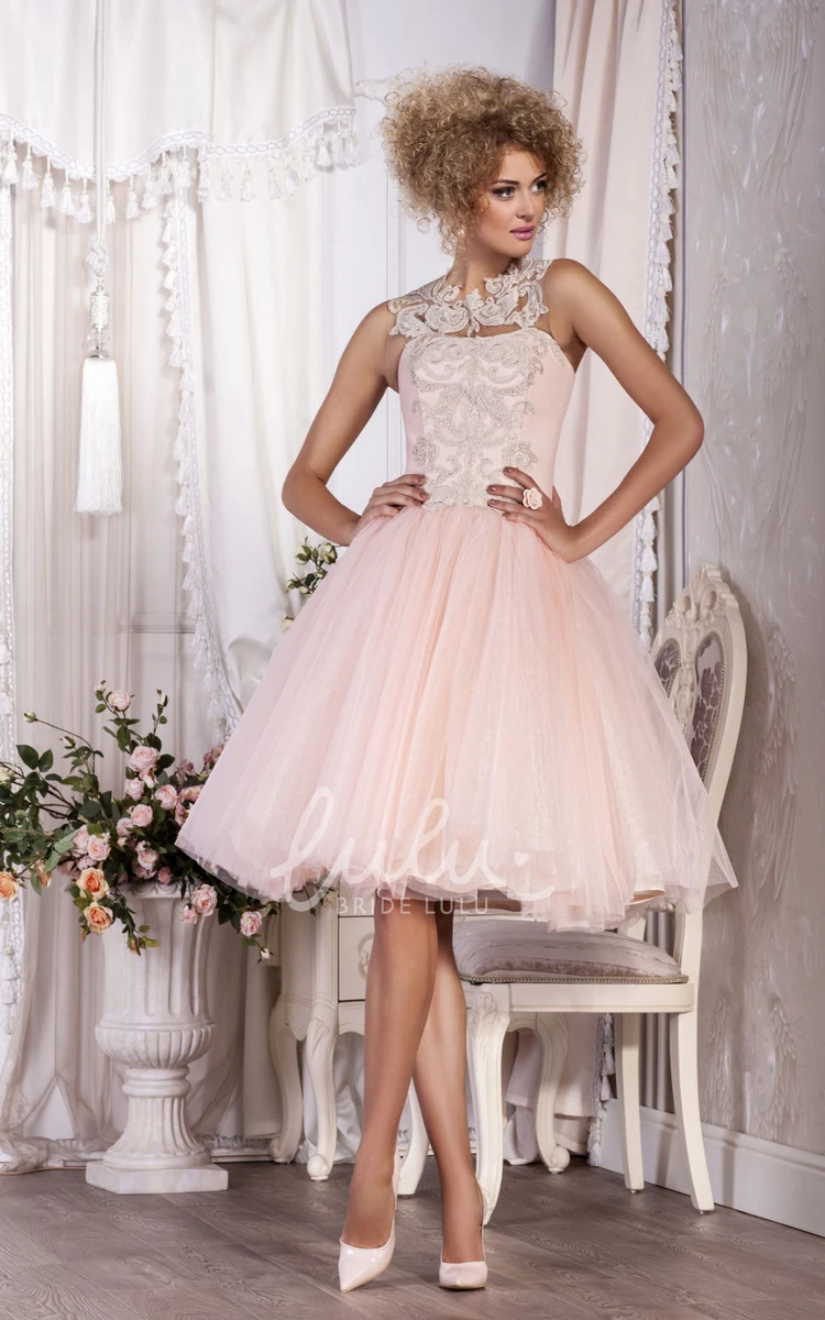High-Neck Tulle A-Line Knee-Length Formal Dress with Appliques