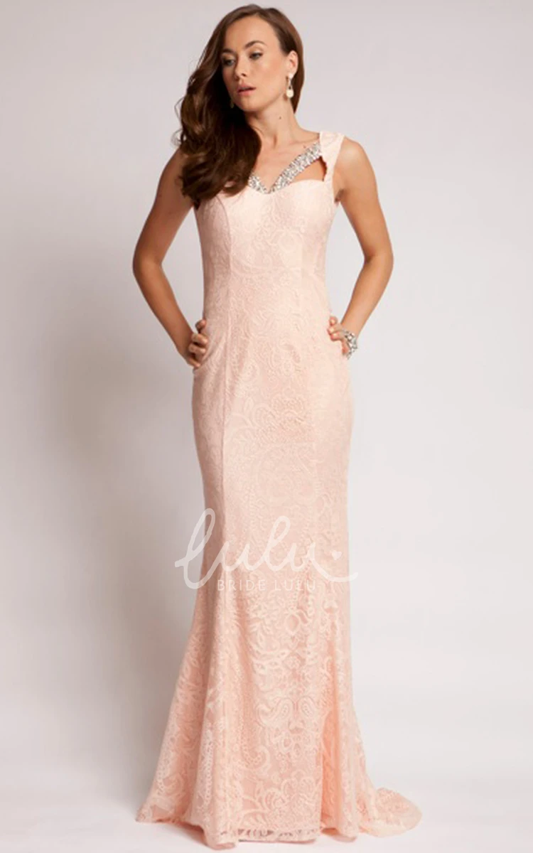 Floor-Length Beaded Lace Sleeveless Sheath Prom Dress