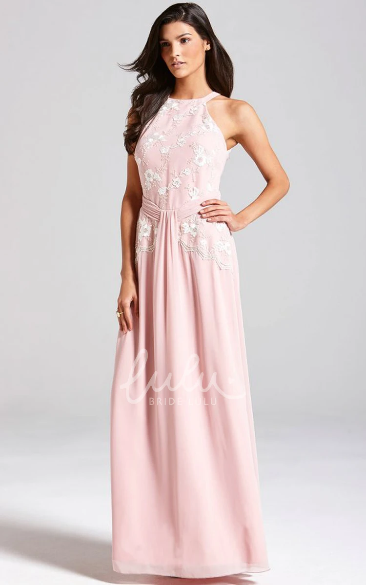 Floral High Neck Chiffon Bridesmaid Dress in Floor-Length