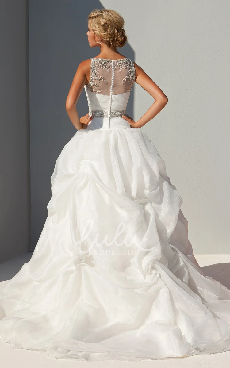 Organza Wedding Dress with Beading and Ruching Ball Gown Jewel-Neck Pick-Up Floor-Length