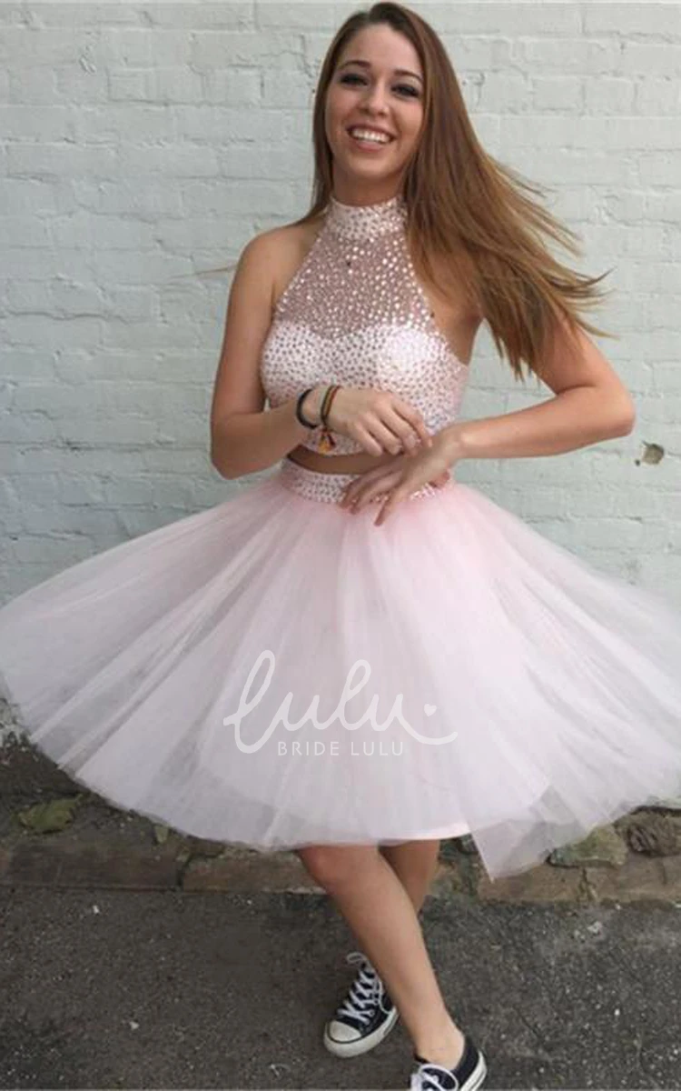 Two Piece Halter Beaded Tulle Cocktail Dress Lovely Prom Dress