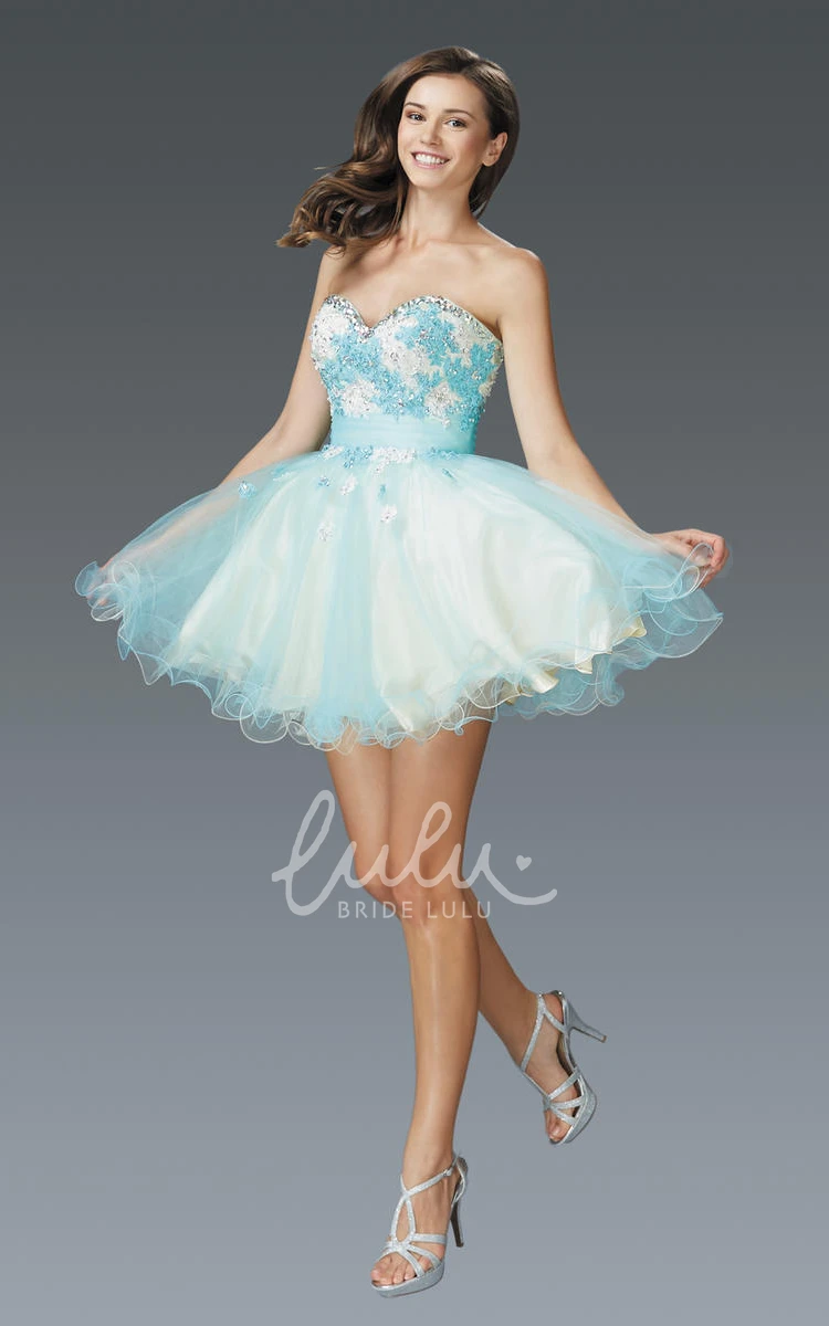 Multi-Color A-Line Sweetheart Tulle Satin Dress with Appliques and Ruffles for Formals