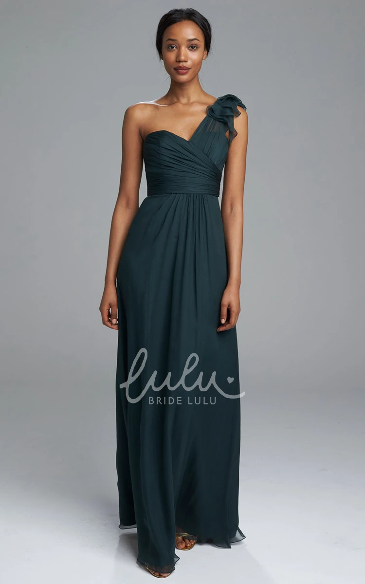 One-Shoulder Chiffon Bridesmaid Dress with Ruched Epaulet Sleeveless Maxi Sheath