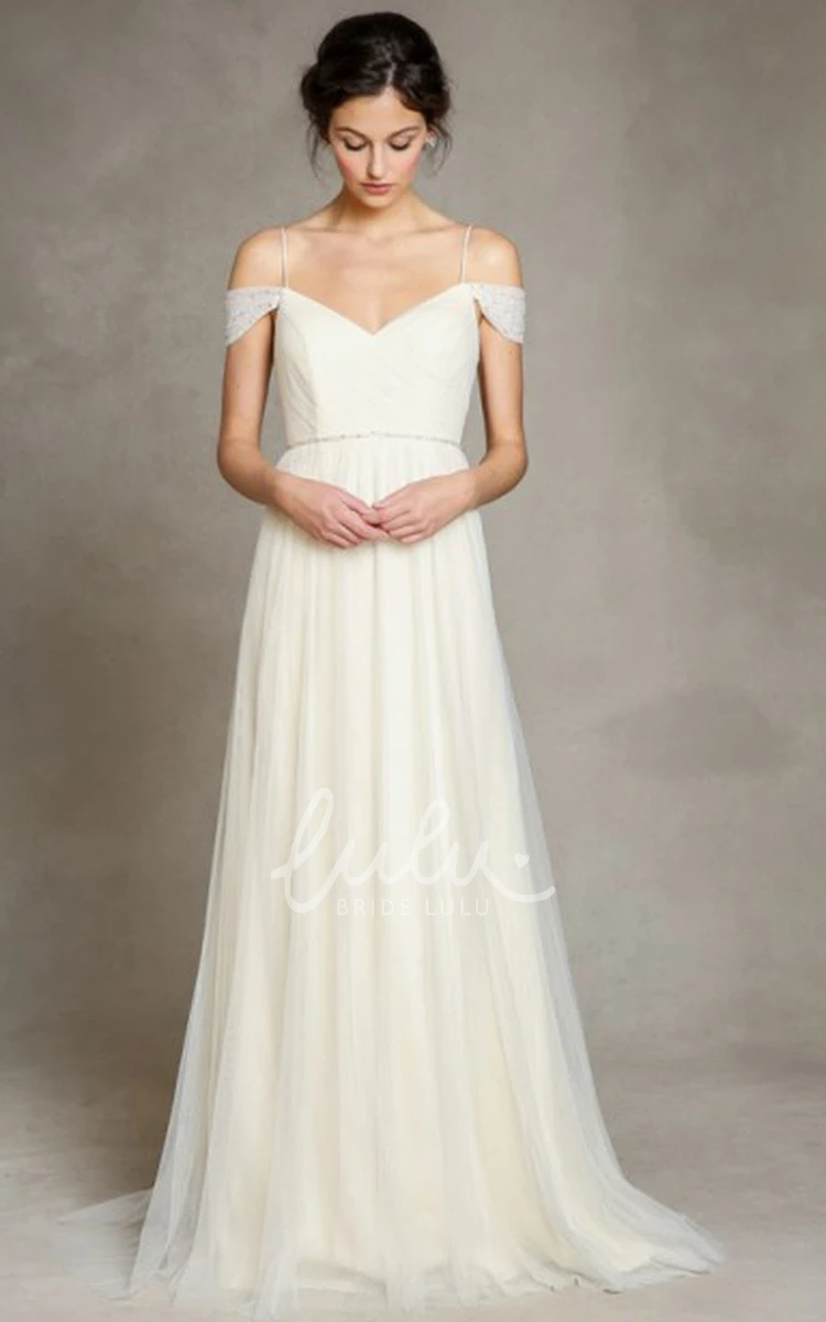 Spaghetti Strap Tulle A-Line Wedding Dress with Jeweled Accents and Pleats