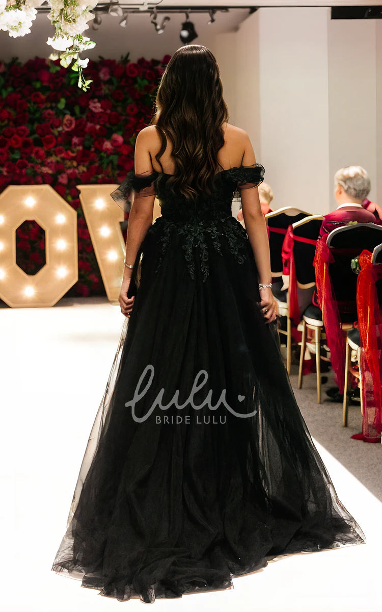Off-the-shoulder Sexy Backless Floor-length Lace Appliques A-Line Black Wedding Bride Dress