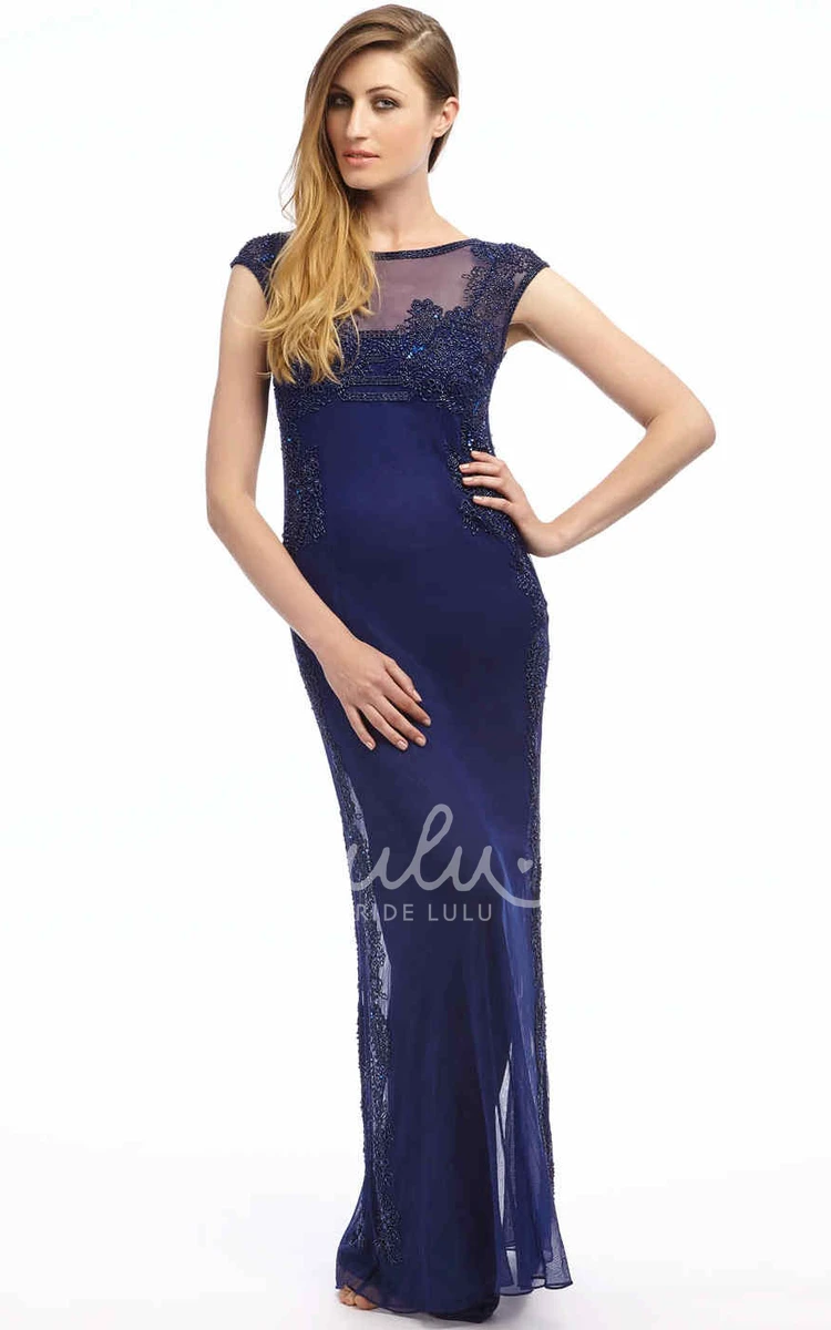 Long Cap-Sleeve Tulle&Satin Prom Dress Sheath Style with Beaded Bateau-Neck