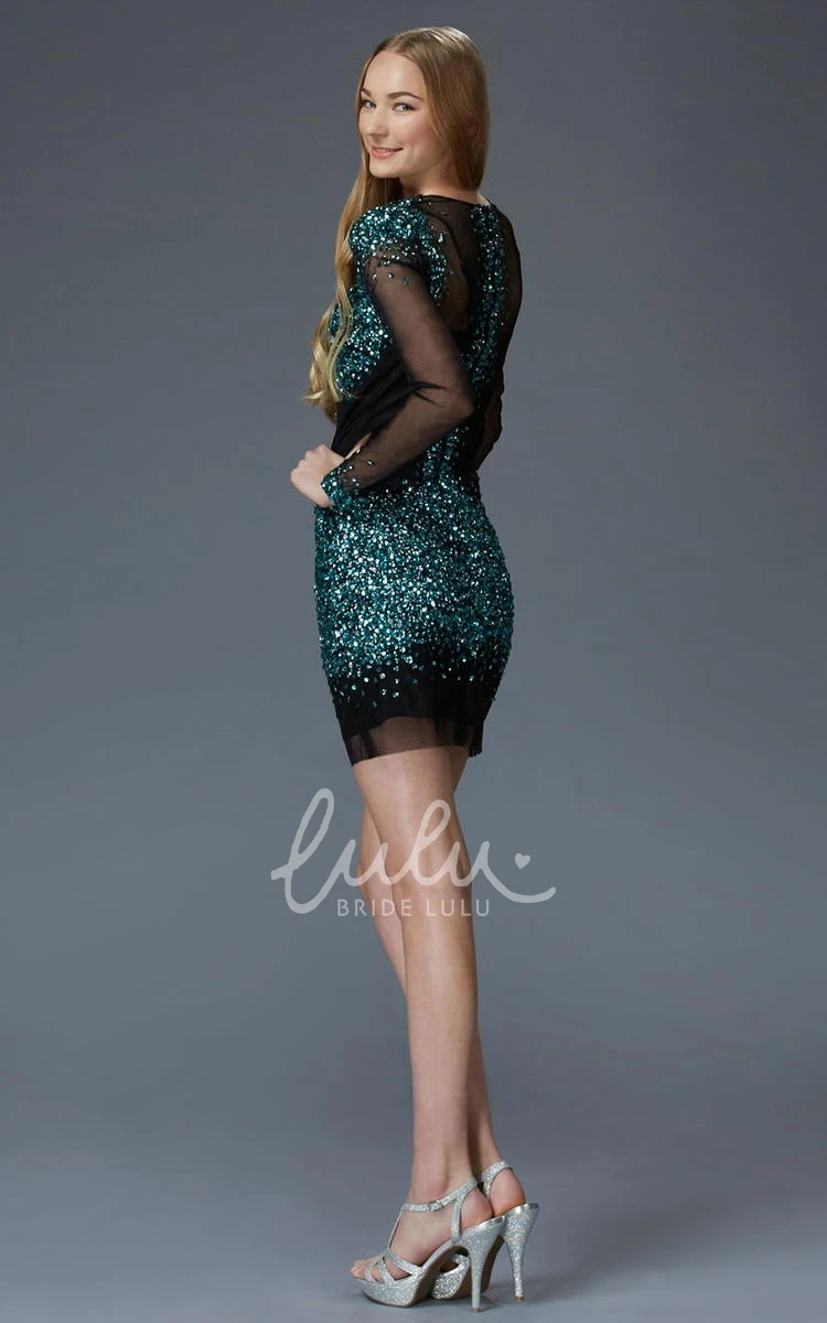 Jewel-Neck Sequin Long Sleeve Dress with Beading for Formal Events