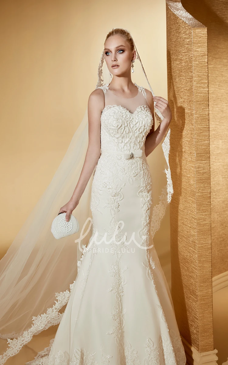 Jewel-Neck Mermaid Lace Gown with Cap Sleeves and Brush Train