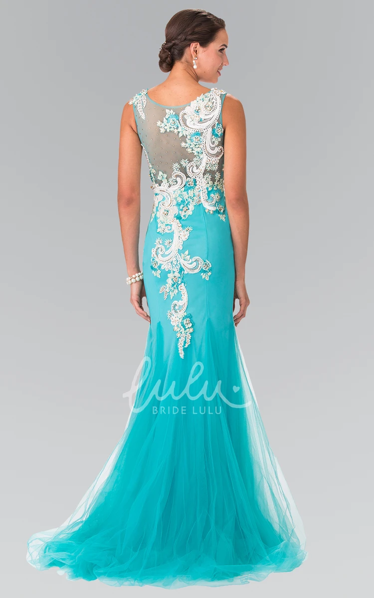 Tulle Illusion Sheath Dress with Appliques and Crystals Elegant Formal Dress