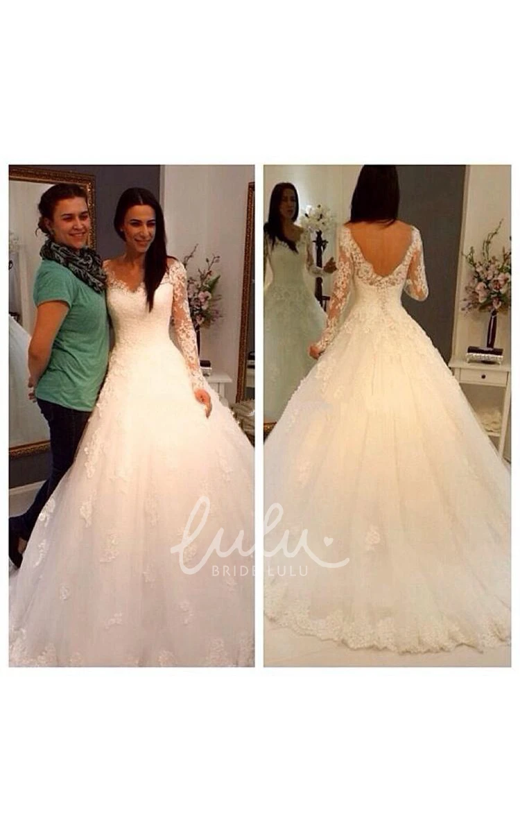 Long Sleeve V-Neck Lace Ball Gown Wedding Dress