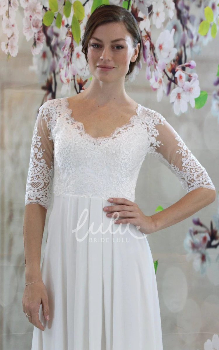 Pleated Lace and Chiffon Wedding Dress with Half Sleeves and V-Neck