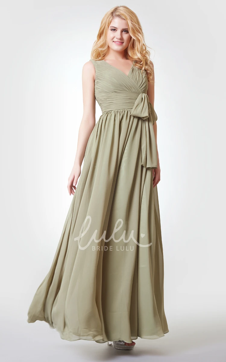 Chiffon A-line Dress with Ruching Bow and Straps Elegant Bridesmaid Dress