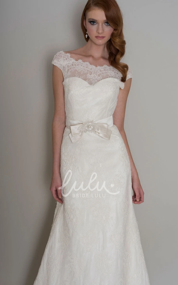 Sheath Lace Scoop-Neck Wedding Dress with Bow Long Bowed Bridal Gown