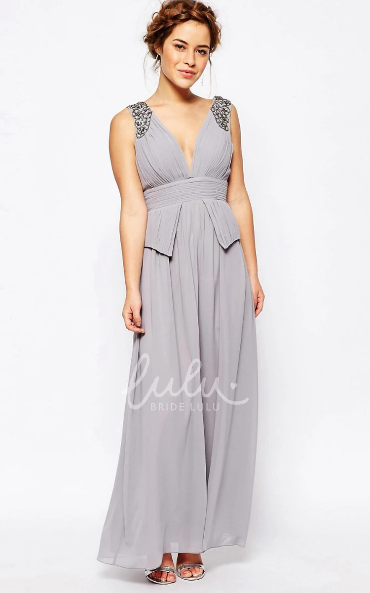 V-Neck Chiffon Bridesmaid Dress with Ruching and Beading A-Line Ankle-Length