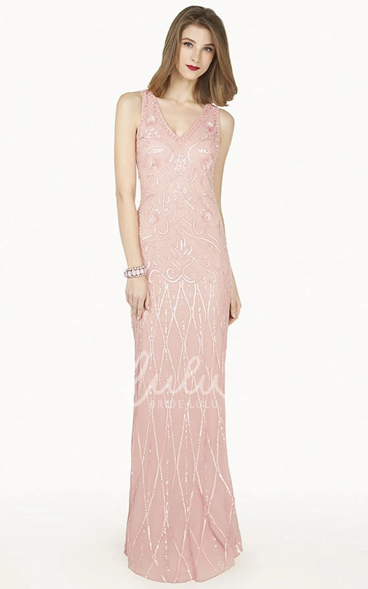 Blush Chiffon Sequin Prom Dress with V-Neck and Illusion Back Long