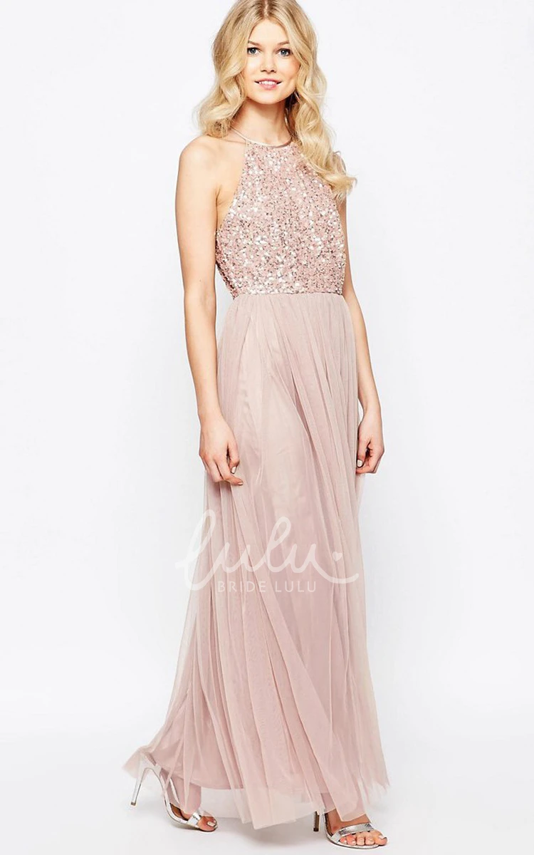 Sequined Tulle High Neck Bridesmaid Dress Sleeveless Floor-Length Sheath