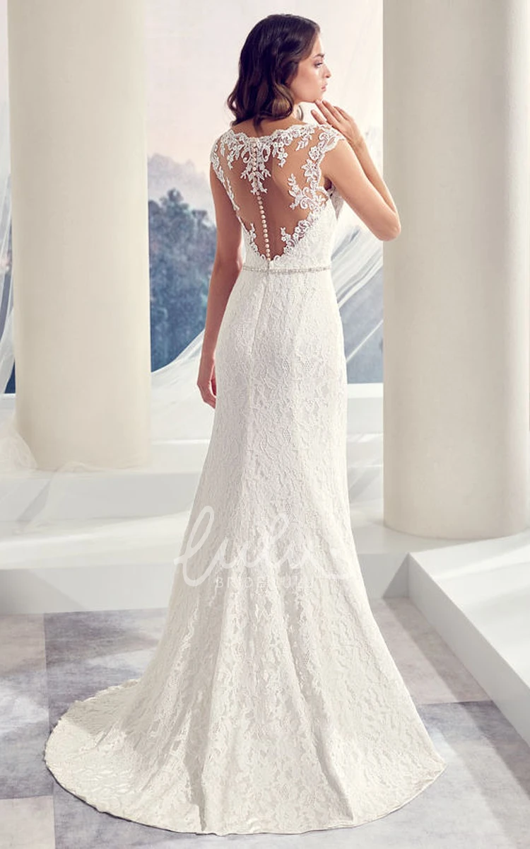 Long Cap-Sleeve Lace Wedding Dress with Jeweled Details and Sweep Train