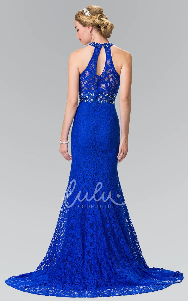 Lace Formal Dress with Beading and Pleats Sheath Sleeveless High Neck