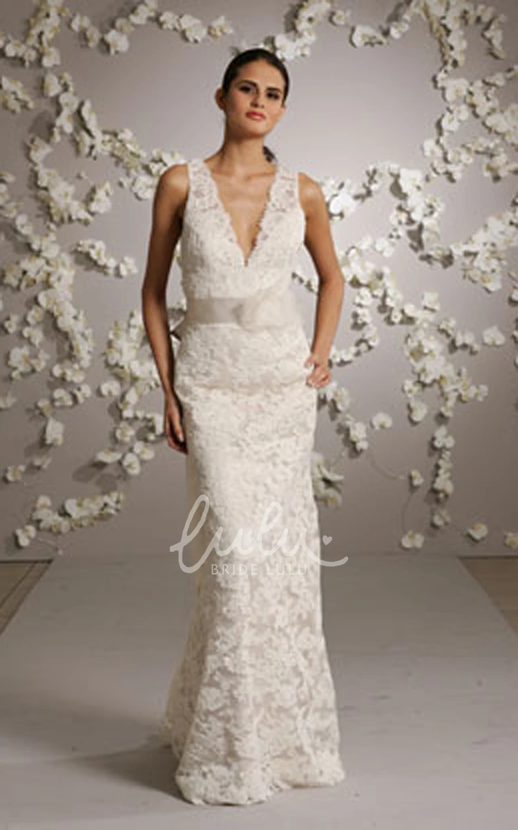 Sleeveless V-Neck Lace Wedding Dress with Bow Back Detail