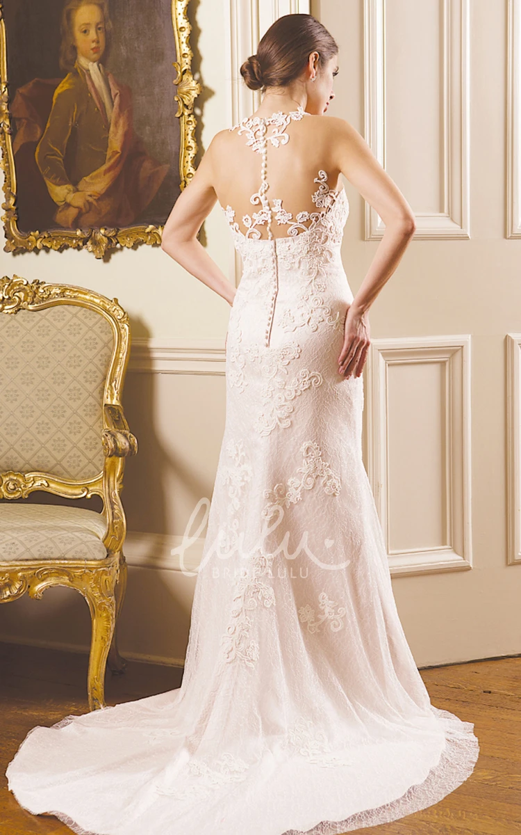 Lace Appliqued Sleeveless Sheath Wedding Dress with Illusion Back Elegant Bridal Gown