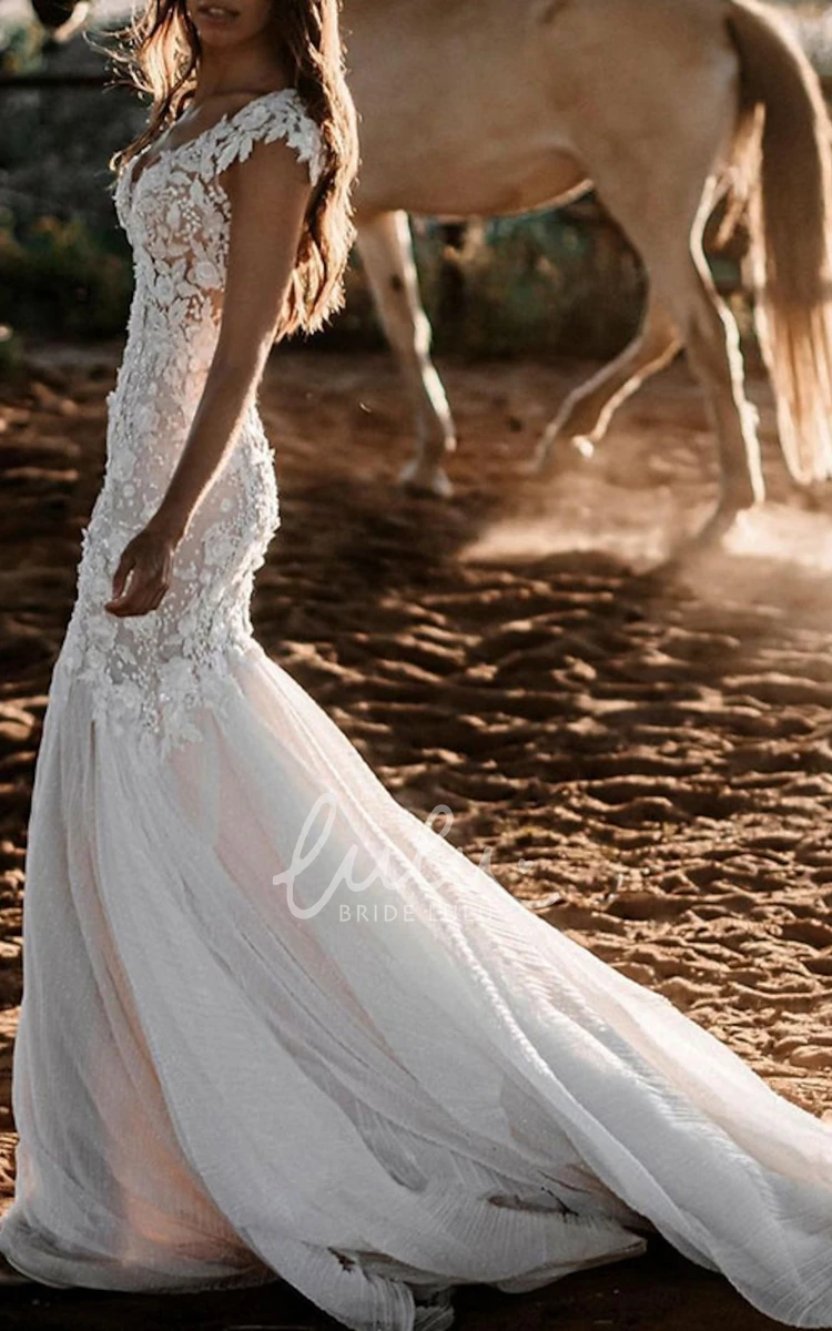Rustic Boho Mermaid Country Wedding Dress with Sleeveless Sexy V-Neck Lace Appliques