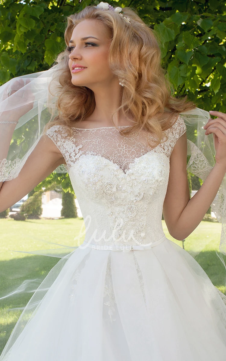 Cap-Sleeve Scoop-Neck Tulle Ball Gown Wedding Dress with Appliques and Corset Back Unique Bridal Gown